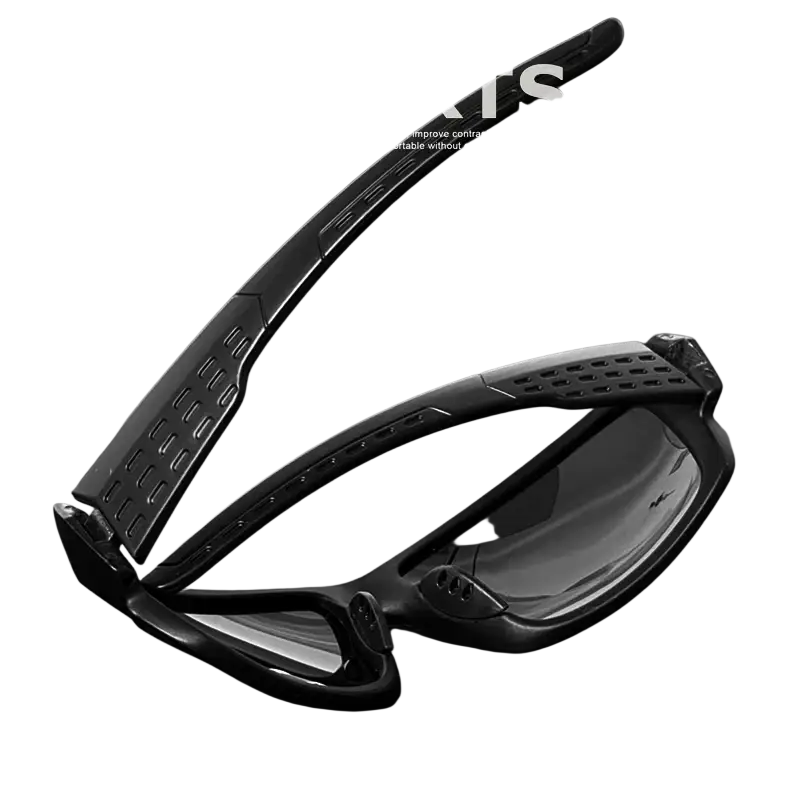 Black polarized sports sunglasses uv400 with a sleek aerodynamic frame and perforated temple details