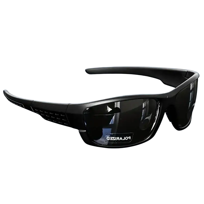 Black polarized uv400 sports sunglasses with a sleek rugged frame and textured temple details for outdoor use