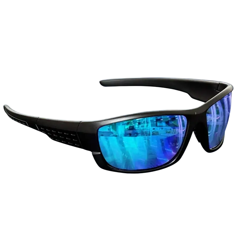 Black-framed polarized sports sunglasses with uv400 protection and reflective blue mirrored lenses for outdoor use