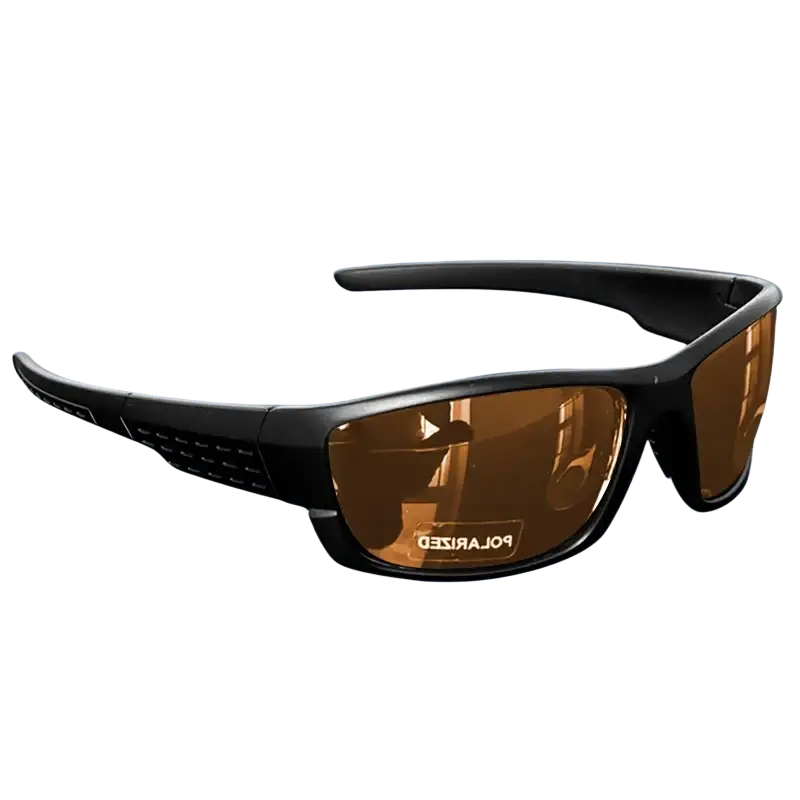 Black-framed polarized sports sunglasses uv400 with amber-tinted lenses and a rugged design for outdoor use