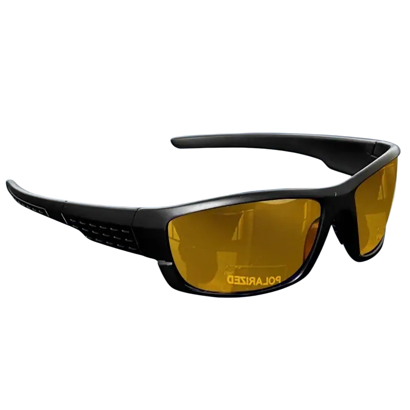 Black-framed polarized sports sunglasses with amber uv400 lenses and textured temples for outdoor activities