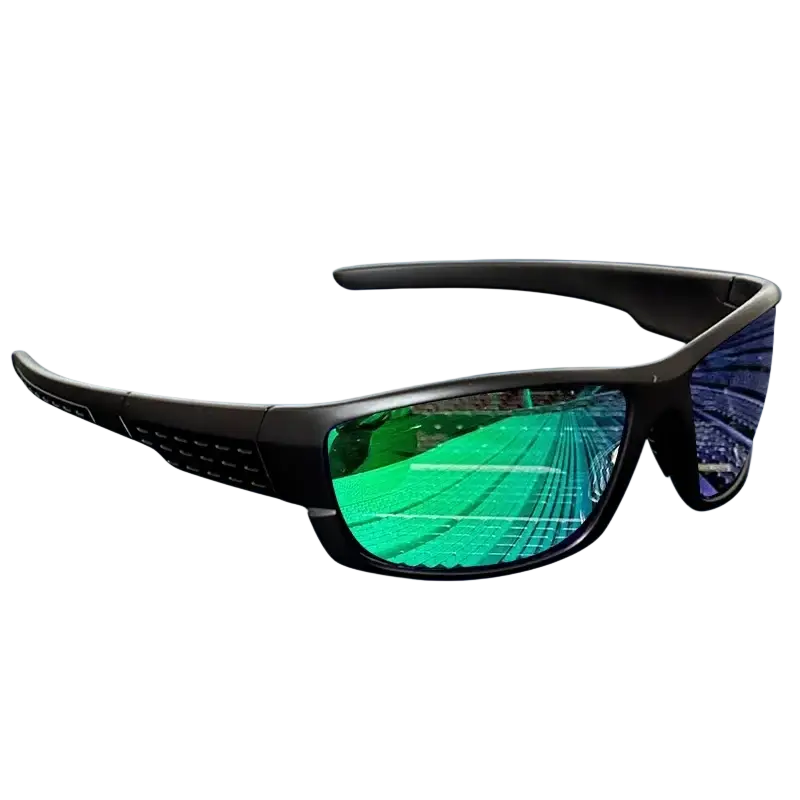 Black-framed polarized sports sunglasses uv400 with reflective green and purple lenses for outdoor use