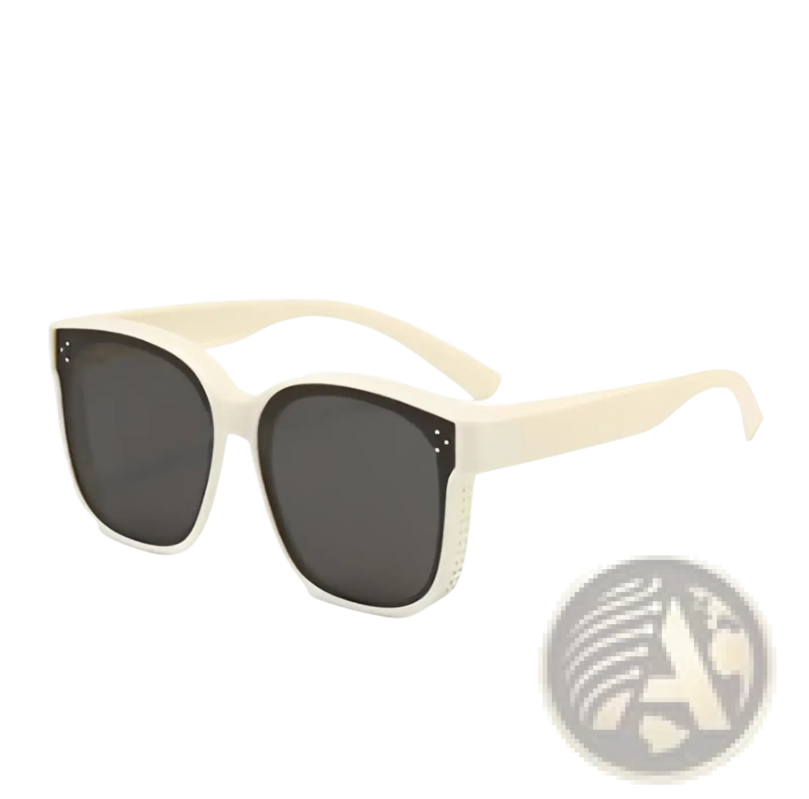 Cream-colored polarized square anti glare driving sunglasses with dark gray lenses and perforated temple design