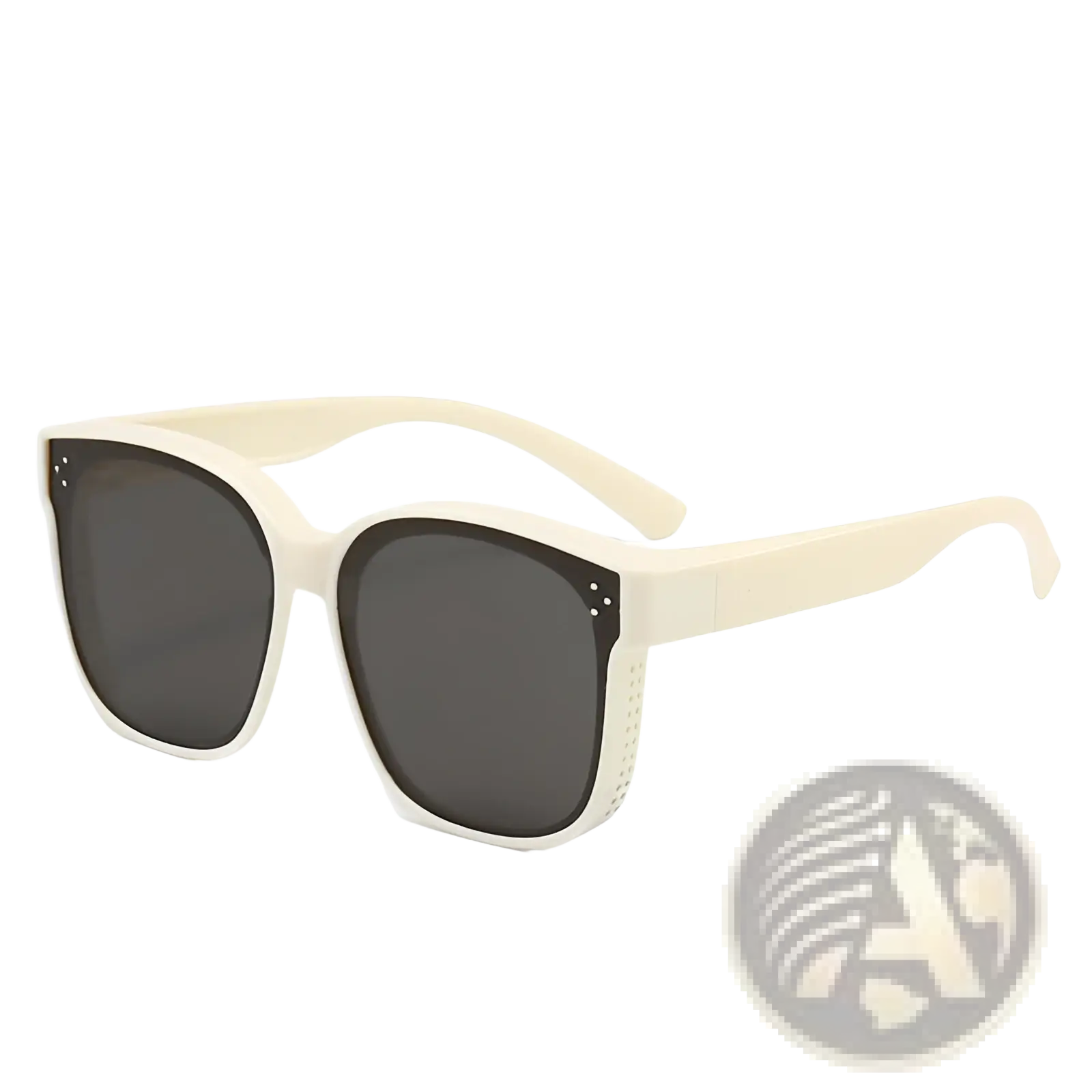 Cream-colored square polarized anti glare driving sunglasses with dark gray lenses and perforated temple detailing