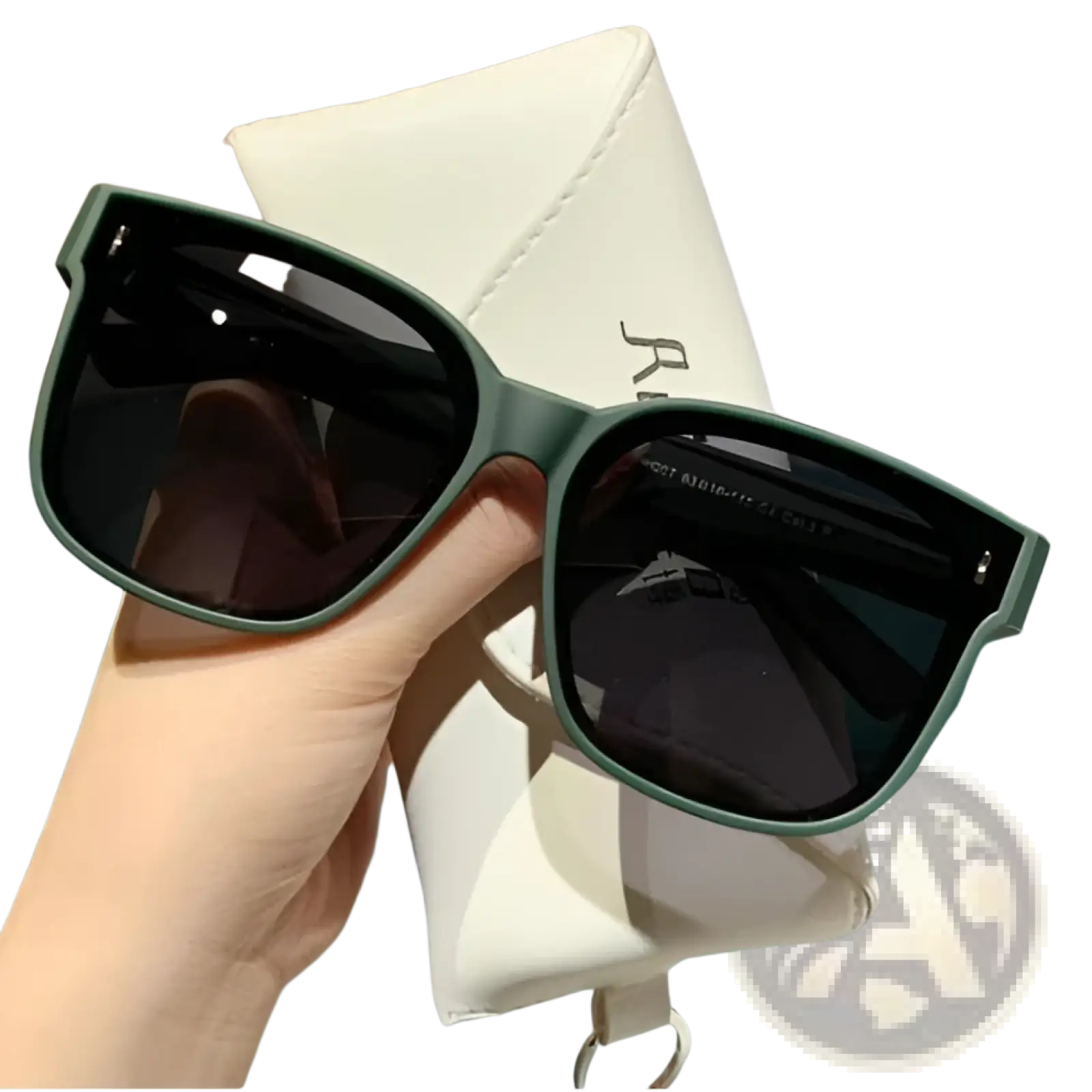 Green-framed square polarized anti glare driving sunglasses with dark lenses held against white case