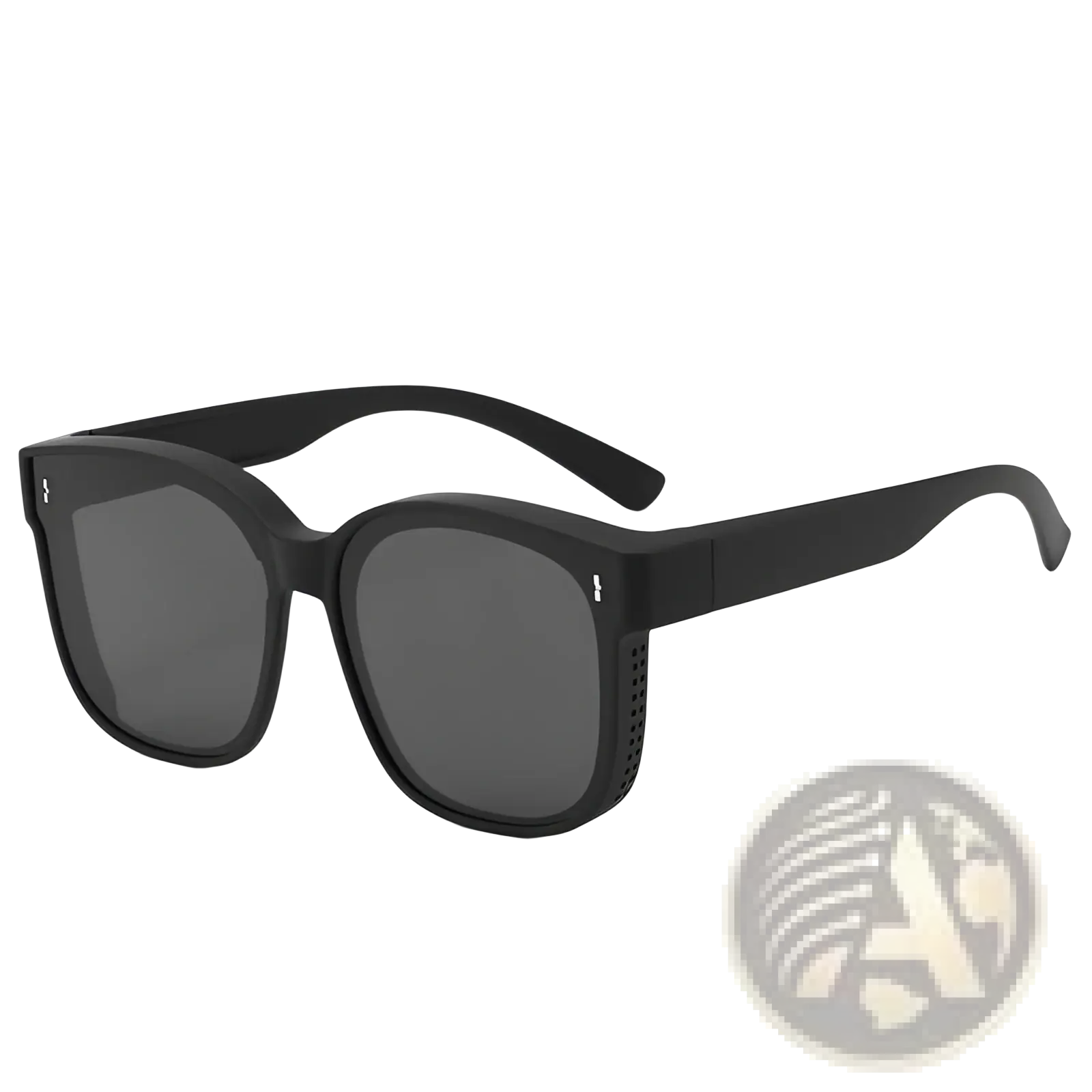 Black square-framed polarized anti glare driving sunglasses with dark gray lenses and perforated side details
