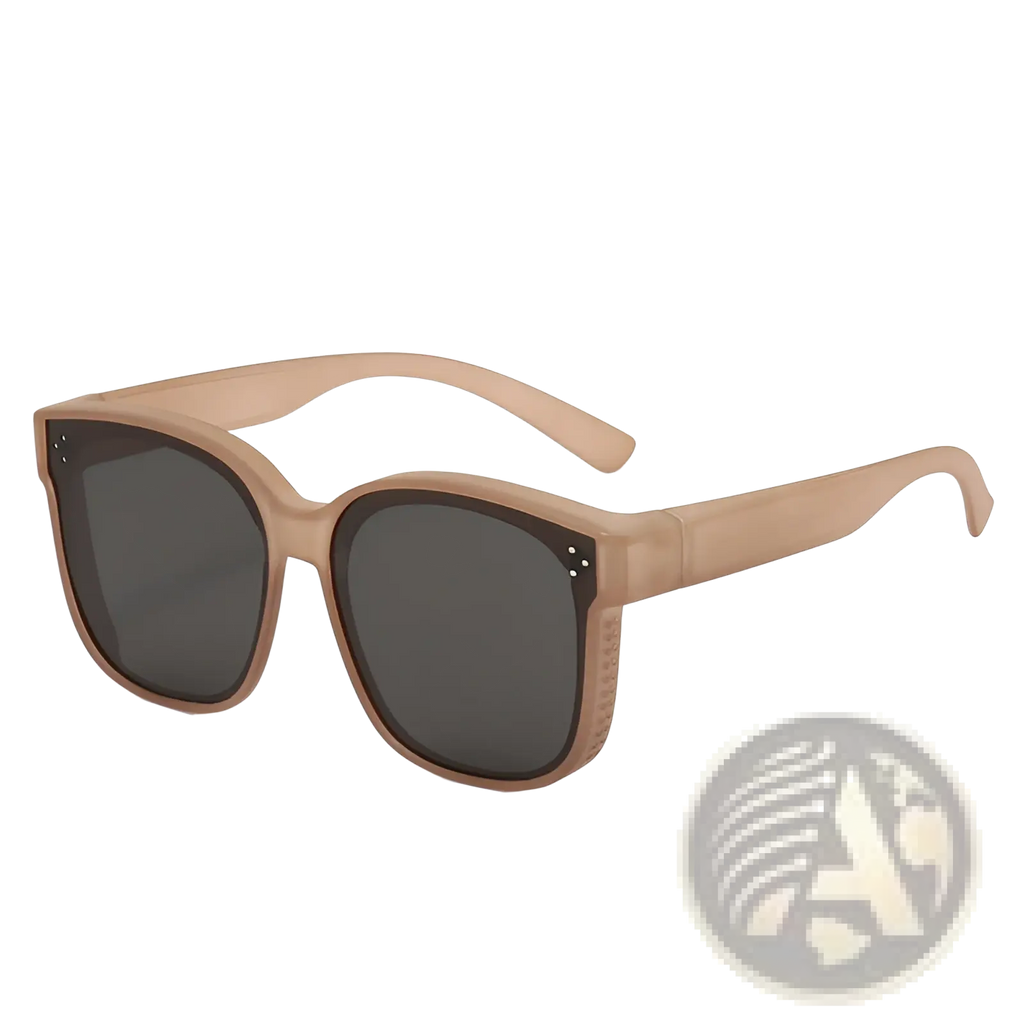 Beige-framed polarized square anti glare driving sunglasses with dark gray lenses and textured temple detailing