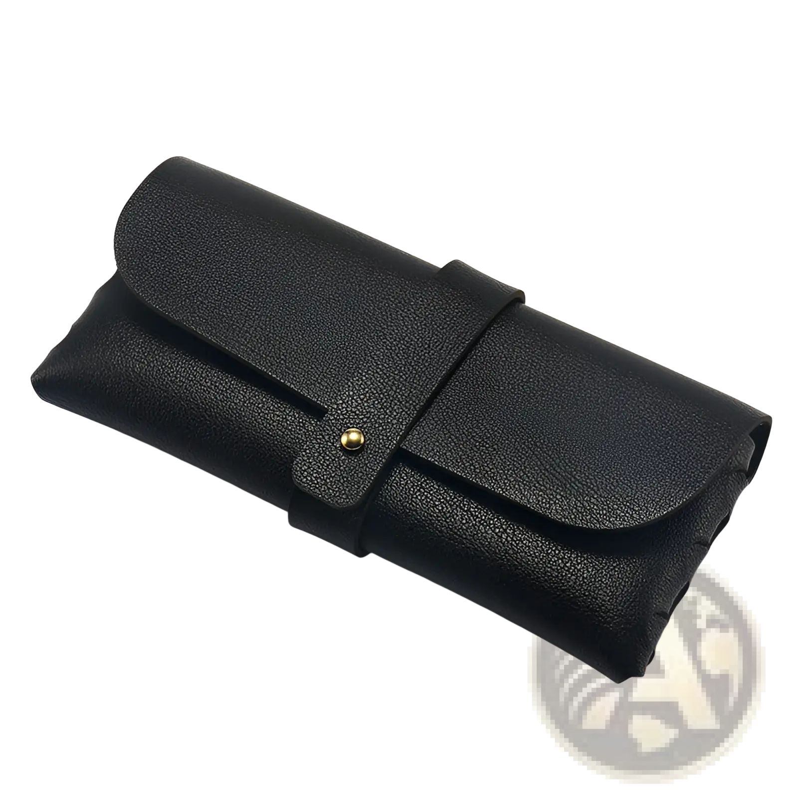 Black leather glasses case with gold-tone snap button closure for polarized square anti glare driving sunglasses