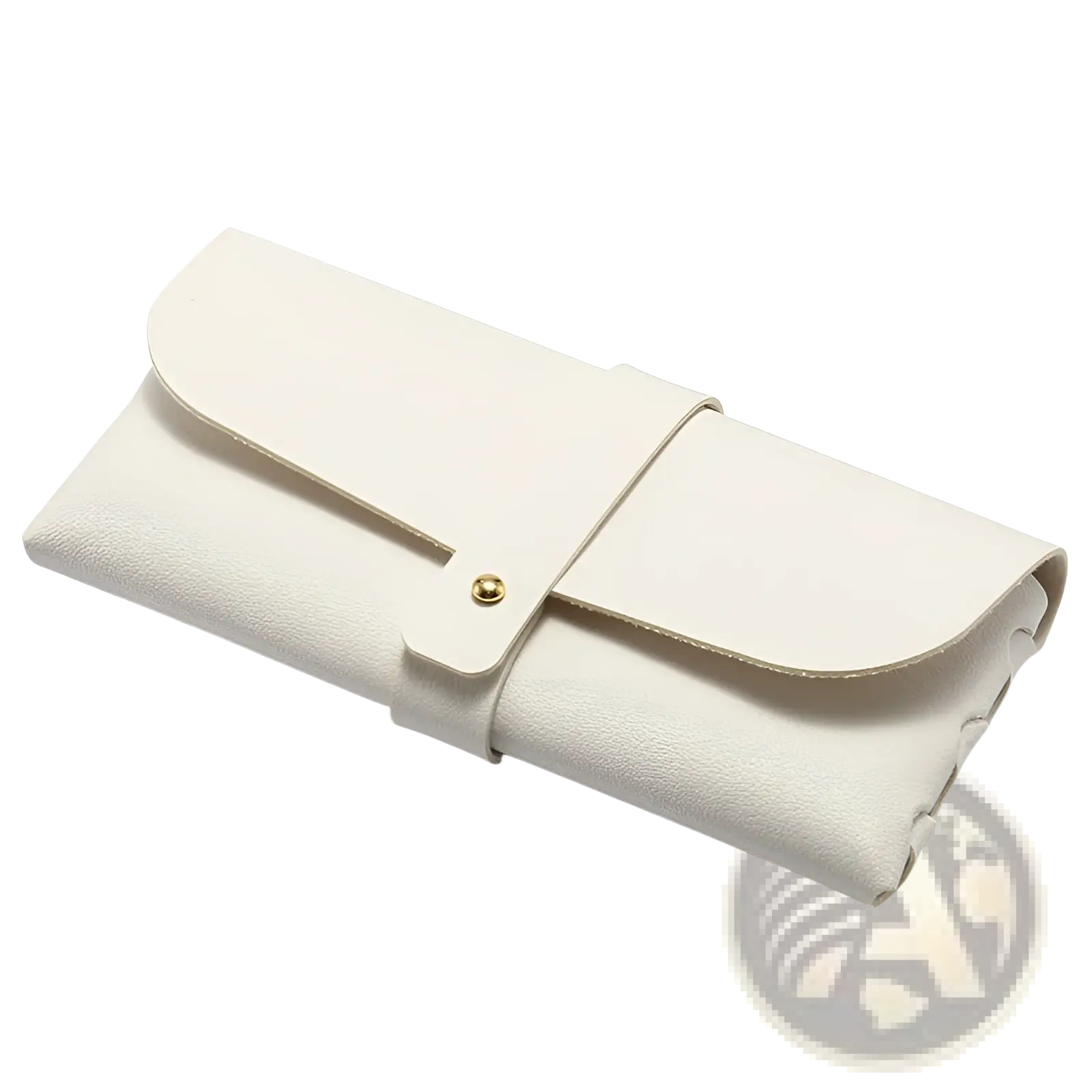 Cream-colored leather glasses case with gold-tone snap button closure for polarized square anti glare driving sunglasses