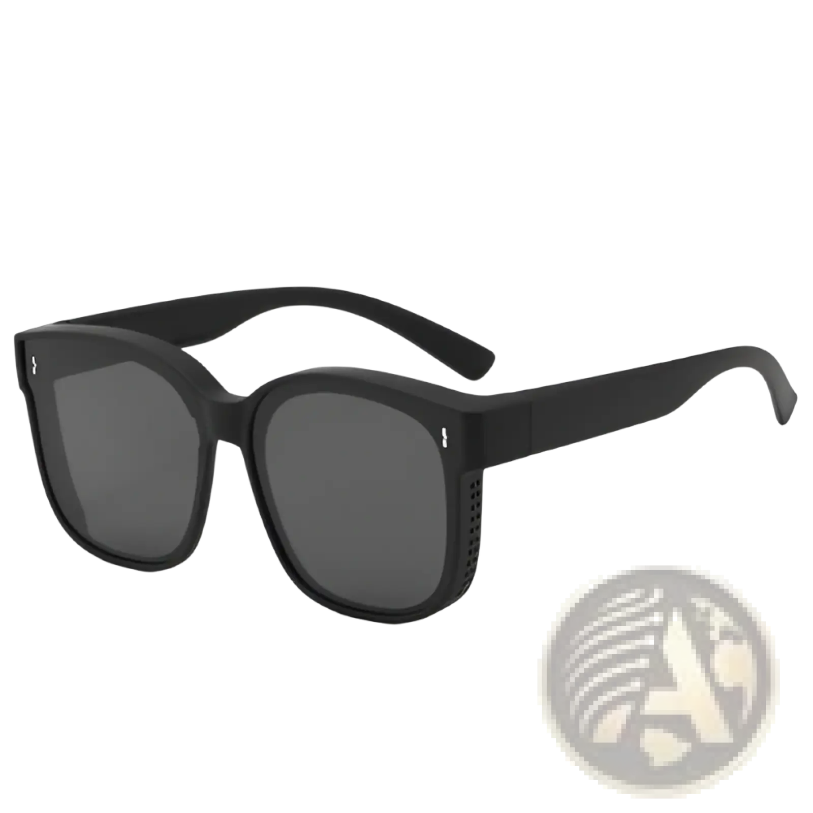 Polarized square anti glare driving sunglasses with black frames dark gray lenses and perforated temple details