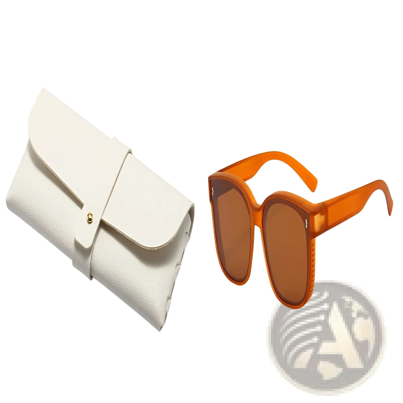 Polarized square anti glare driving sunglasses with orange acetate frame and brown lenses beside cream leather case
