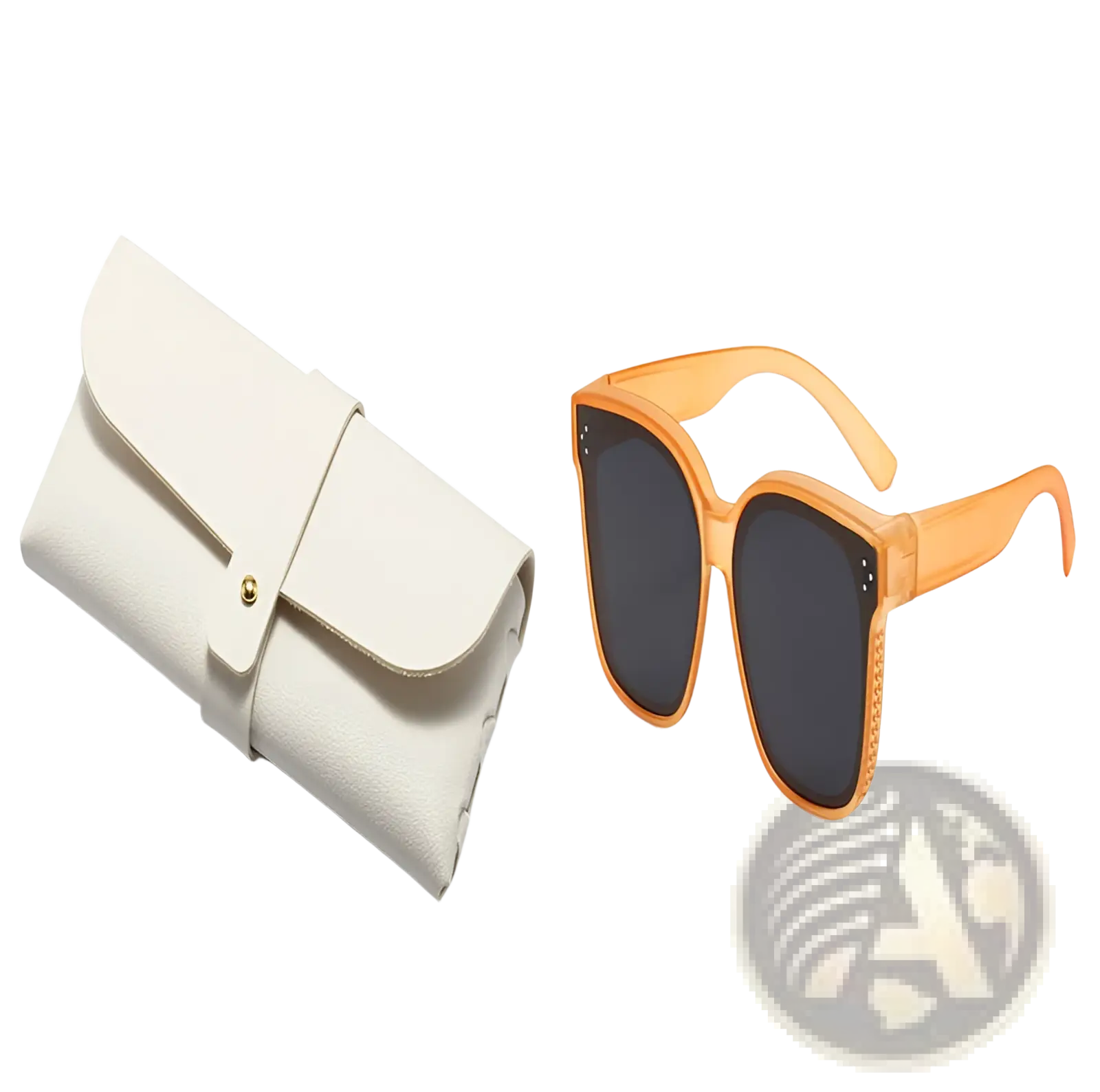 Polarized square anti glare driving sunglasses with orange textured frames dark lenses and cream leather case