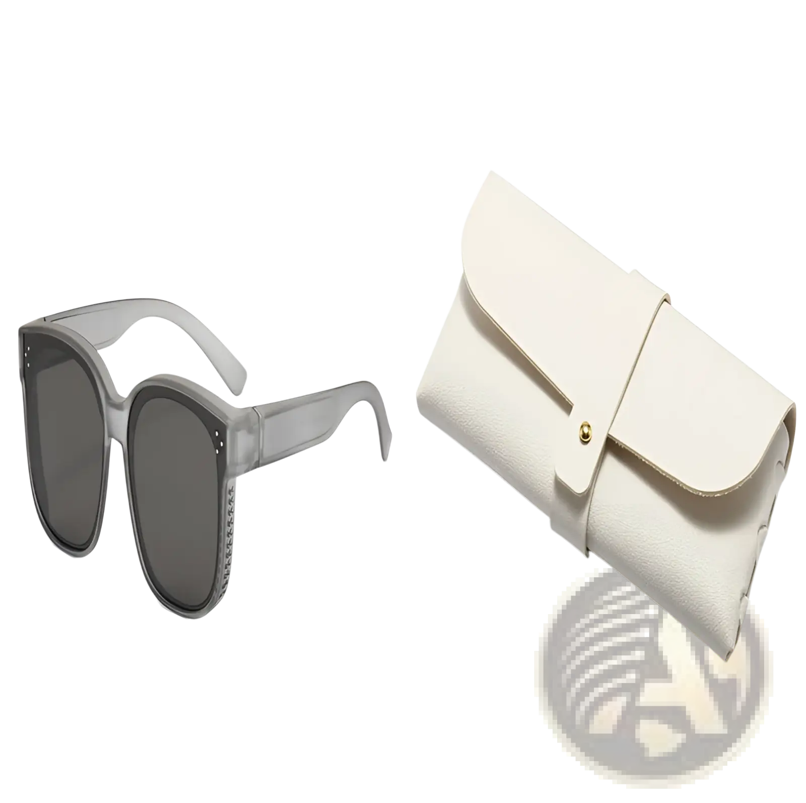 Gray square-framed polarized anti glare driving sunglasses with dark lenses and subtle beaded temple detail with off-white leather case