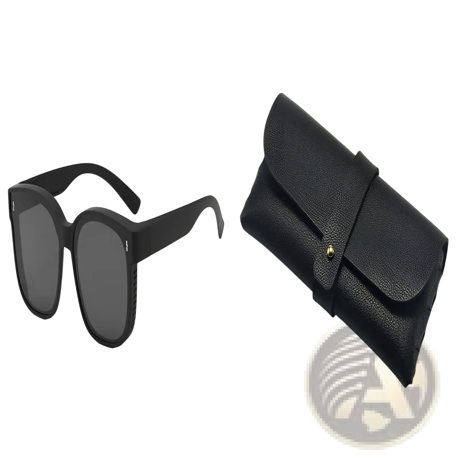 Polarized square anti glare driving sunglasses in black with dark gray lenses and a matching black leather case with gold snap button