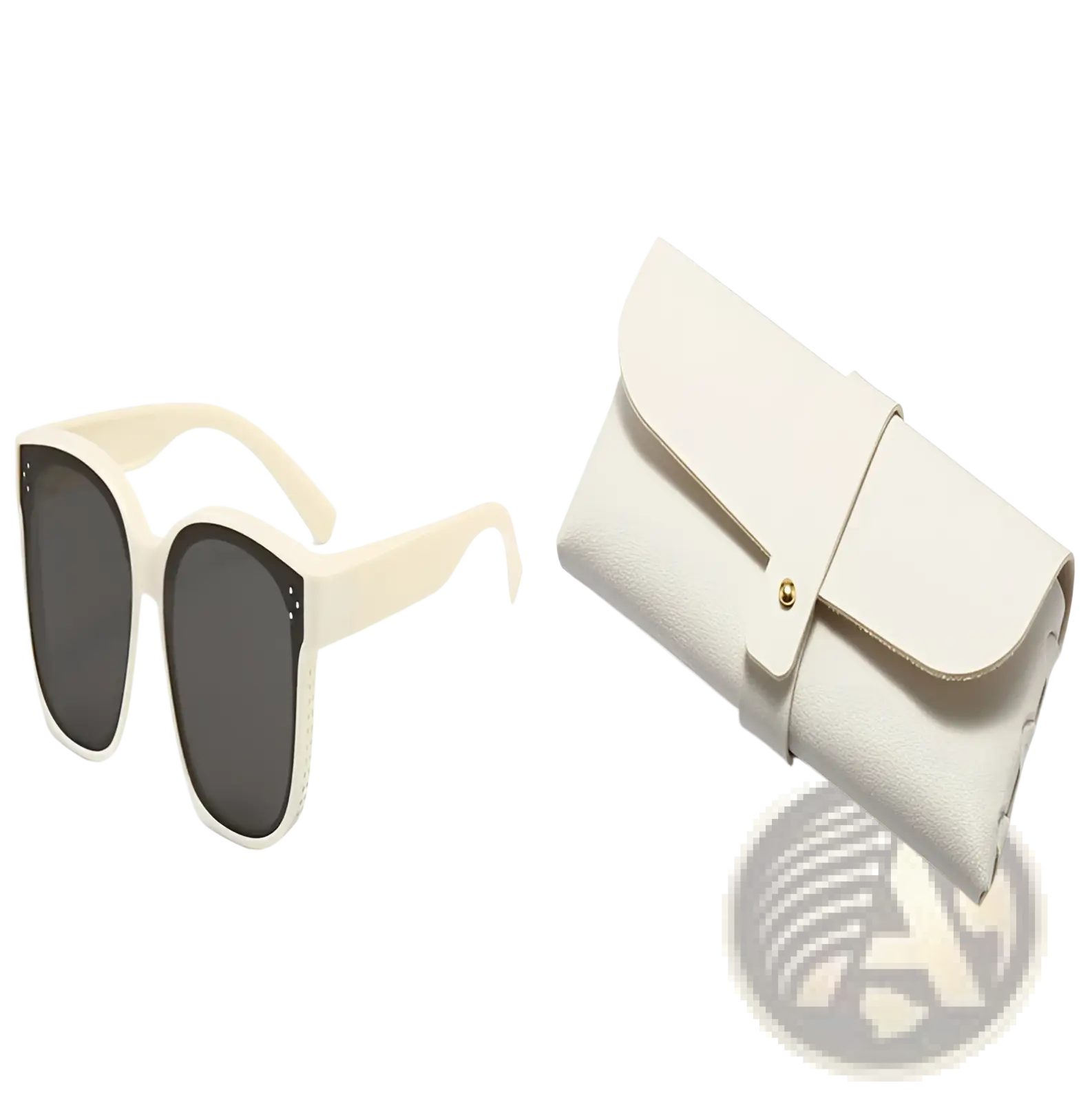 Cream-colored acetate polarized square anti glare driving sunglasses with dark gray lenses and matching cream leather case