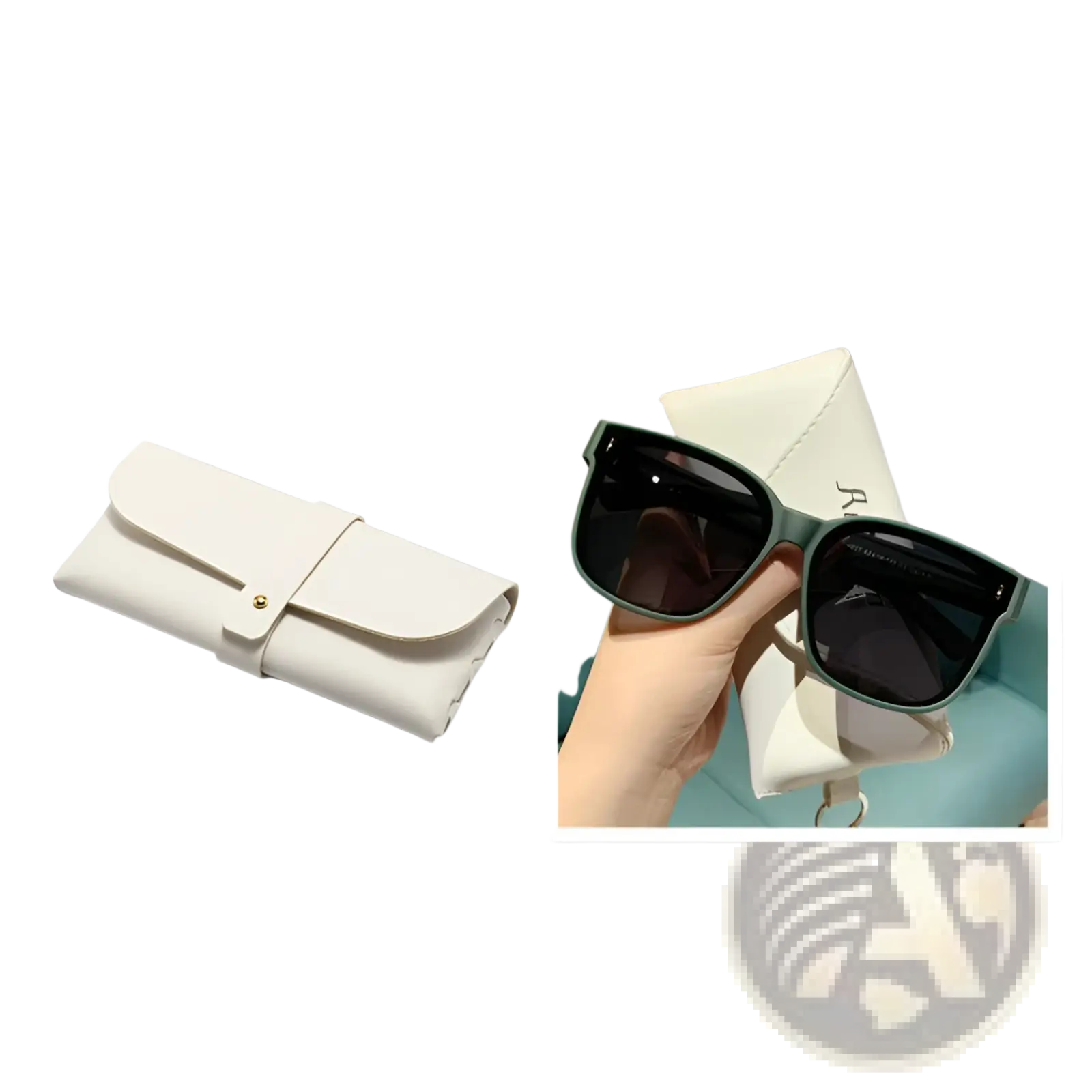 White leather sunglasses case with gold-tone snap button for polarized square anti glare driving sunglasses