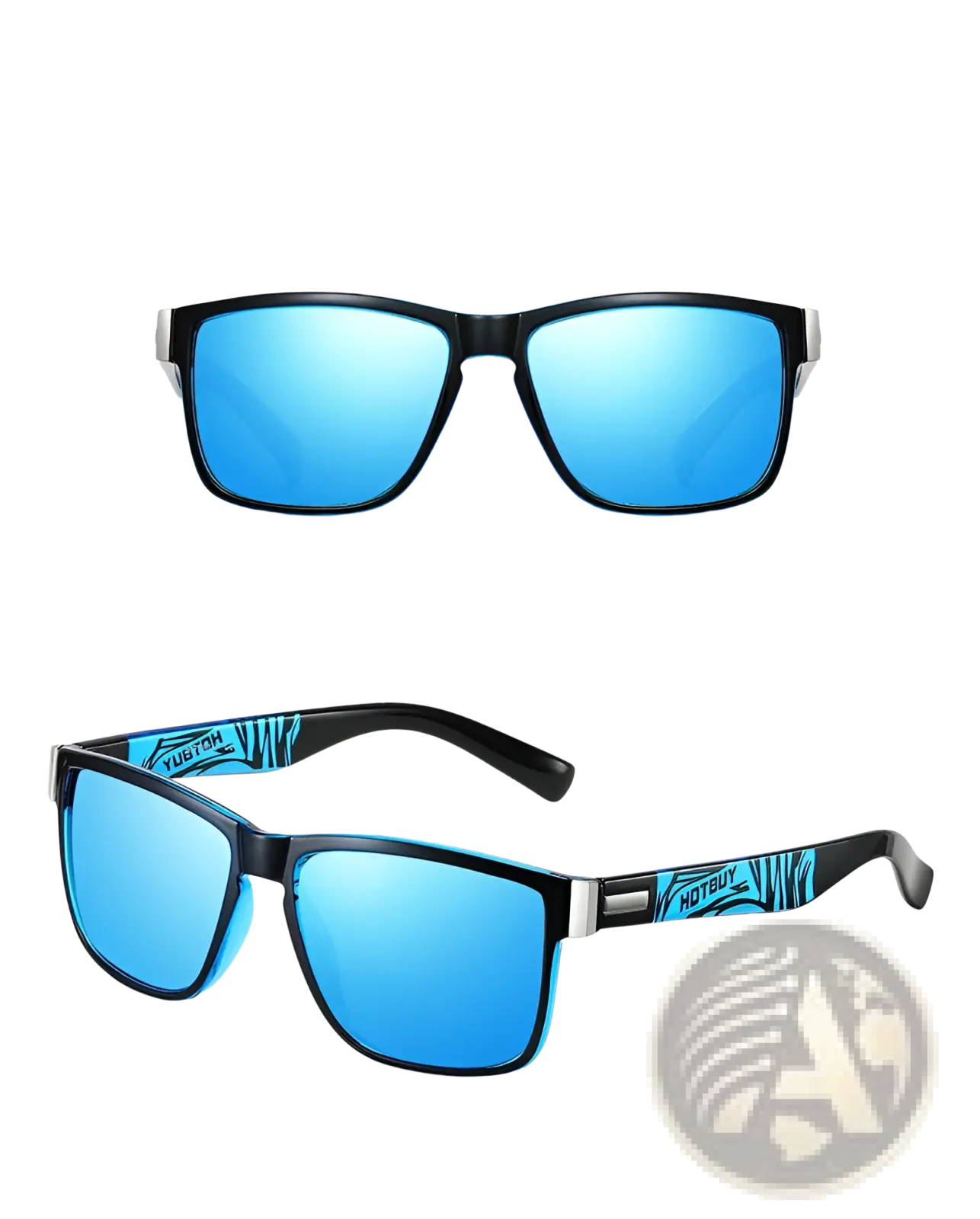 Polarized square sports sunglasses with uv400 protection featuring black frames blue mirrored lenses and teal zebra accents