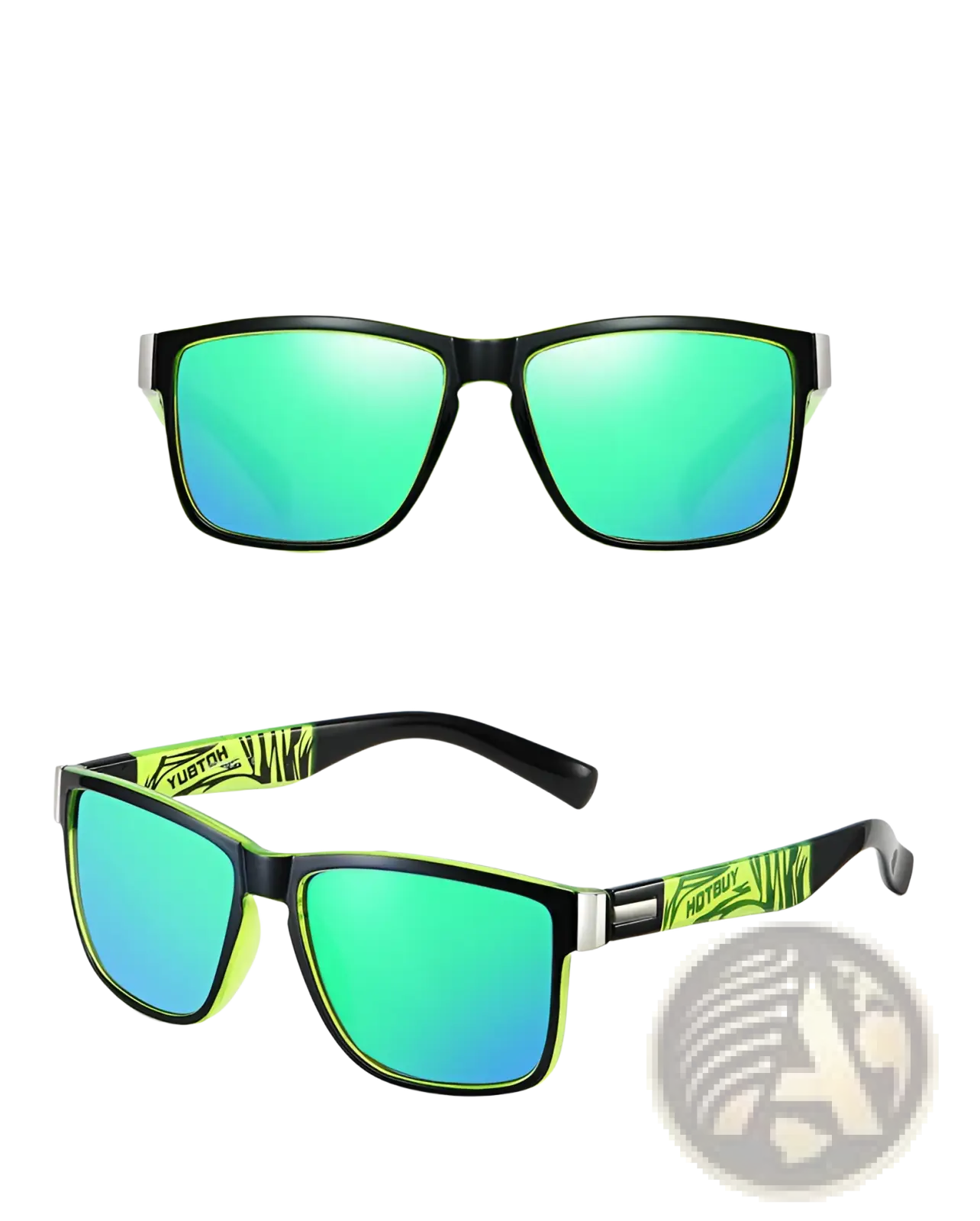 Polarized square sports sunglasses with uv400 protection featuring black frames green mirrored lenses and neon yellow temples