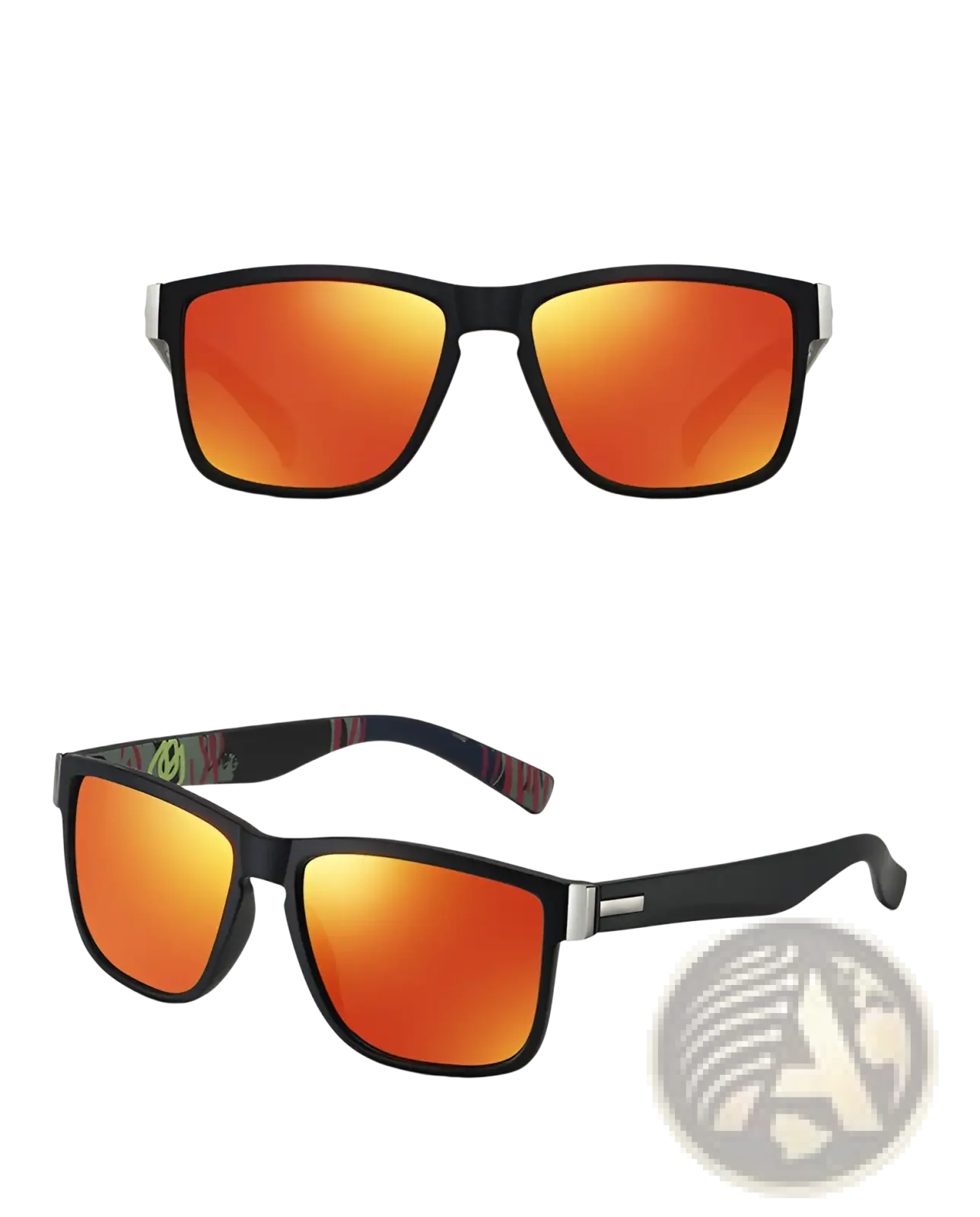 Polarized square sports sunglasses with uv400 protection featuring black frames, orange mirrored lenses, and colorful patterned temples