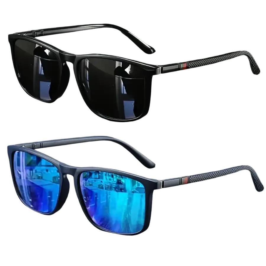 Black-framed polarized square vintage sunglasses uv400 with reflective lenses in dark tint and vibrant blue mirrored finish