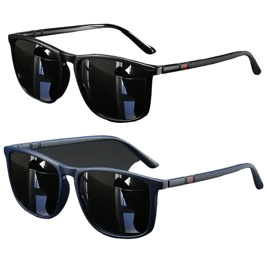 Polarized square vintage sunglasses uv400 with black and navy rectangular frames and dark mirrored lenses with textured temples