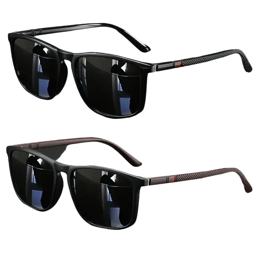 Black rectangular-framed polarized square vintage sunglasses with uv400 dark lenses and textured temple arms