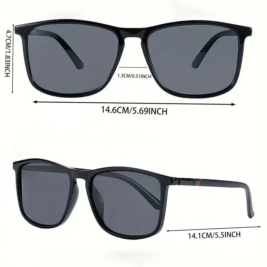 Black rectangular-framed polarized square vintage sunglasses with uv400 protection dark gray lenses and textured temple tips