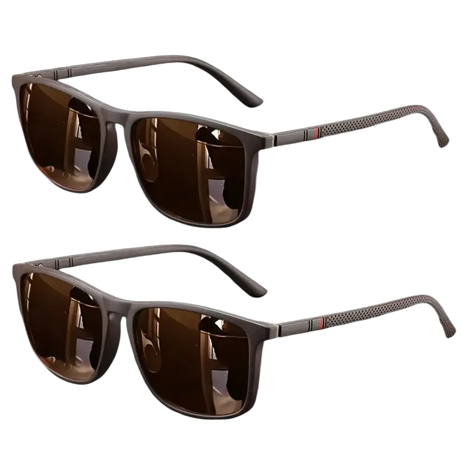 Gray-framed polarized square vintage sunglasses with brown reflective lenses and textured pattern on temple tips