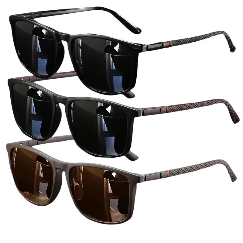 Set of three pairs of polarized uv400 square vintage sunglasses with black and brown rectangular frames and textured temples