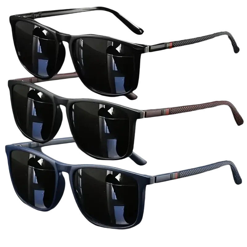 Set of three polarized square vintage sunglasses uv400 with black brown and navy blue frames and textured temple tips