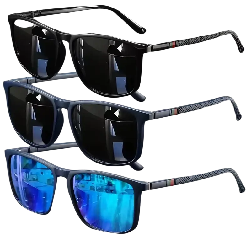Set of three polarized square vintage sunglasses with rectangular frames in black, navy blue, and mirrored blue lenses UV400