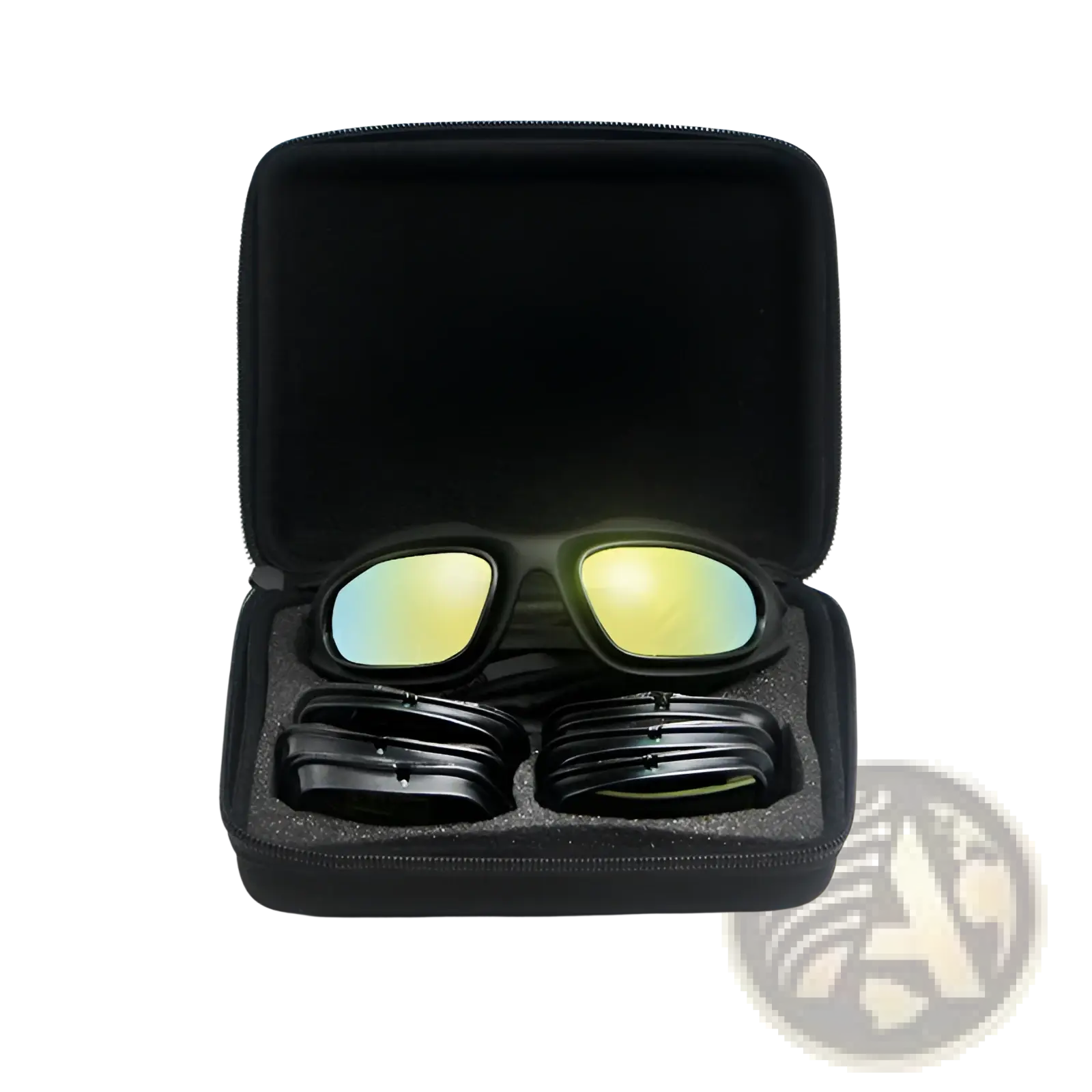 Polarized tactical sports sunglasses with black frame and gradient green blue mirrored lenses in black foam case
