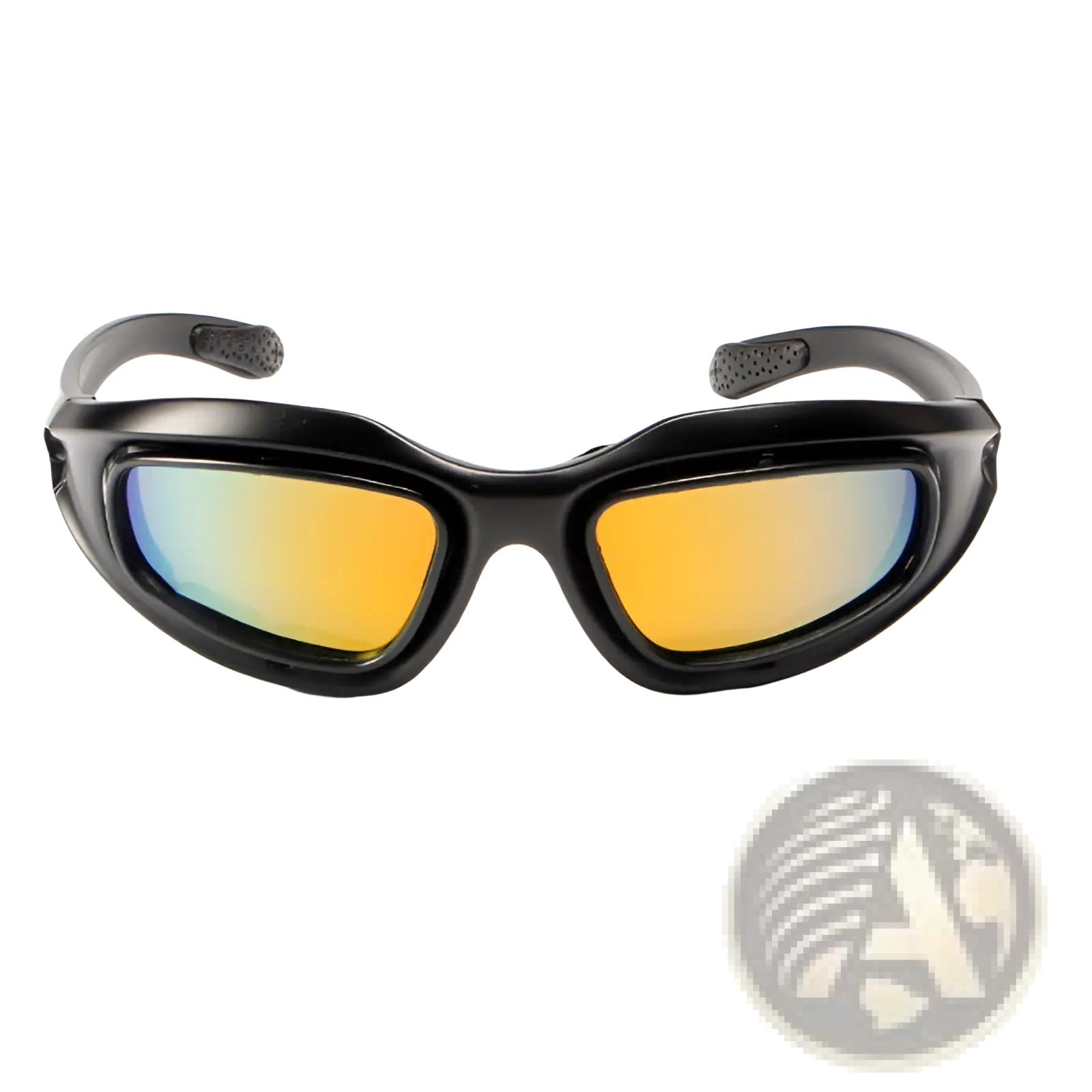Polarized tactical sports sunglasses with black frames, reflective yellow-orange lenses, and textured temple tips