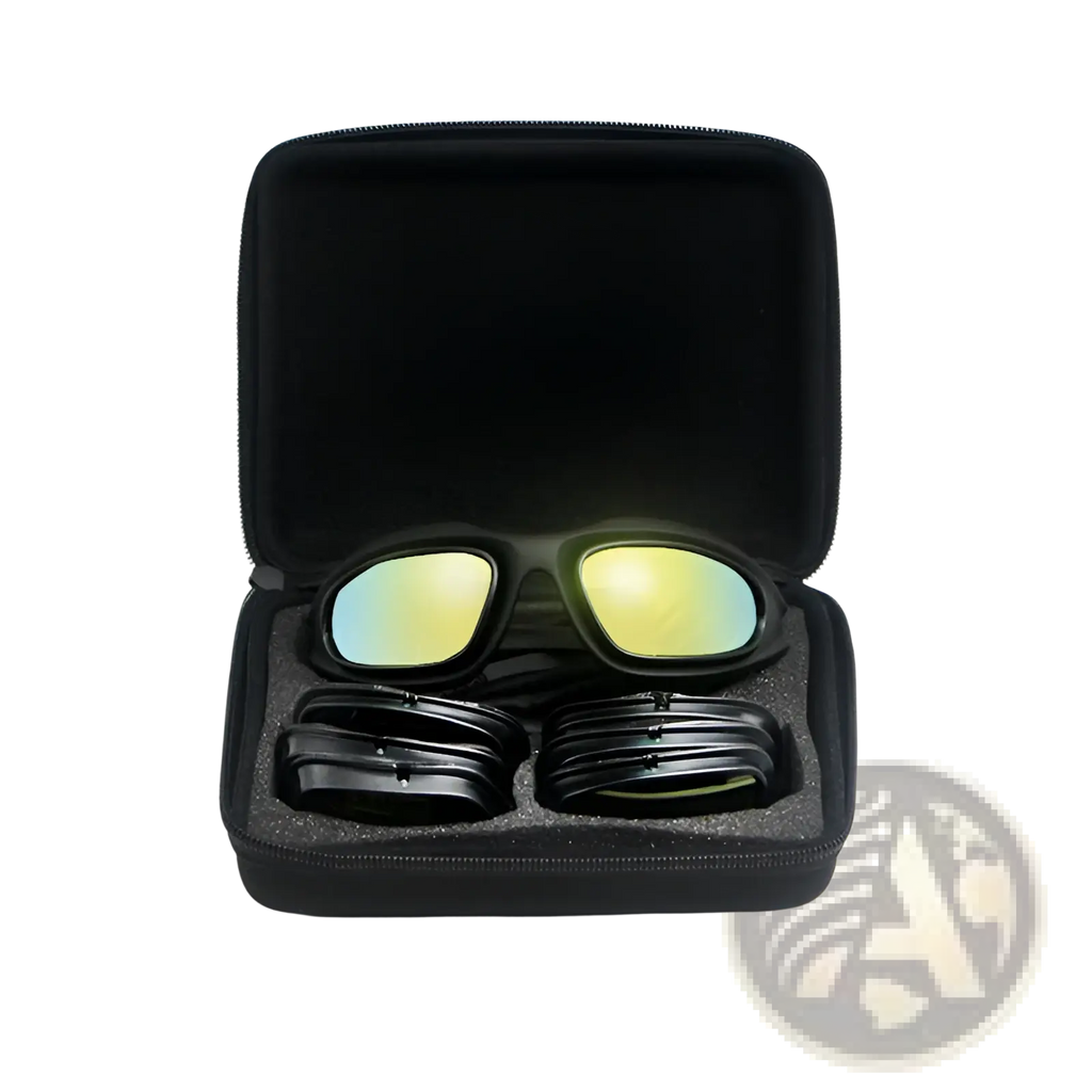 Polarized tactical sports sunglasses with gradient green blue mirrored lenses in black foam-lined carrying case