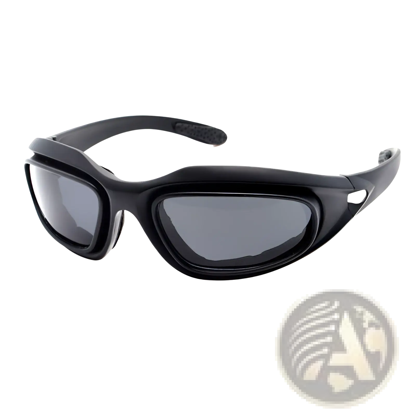 Polarized tactical sports sunglasses with interchangeable lenses featuring black protective safety goggles and dark gray matte frame