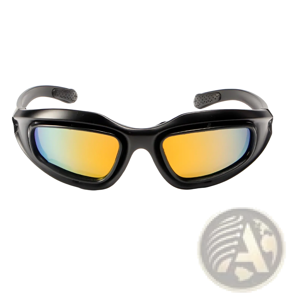 Black-framed polarized tactical sports sunglasses with reflective yellow-orange lenses and textured temple tips