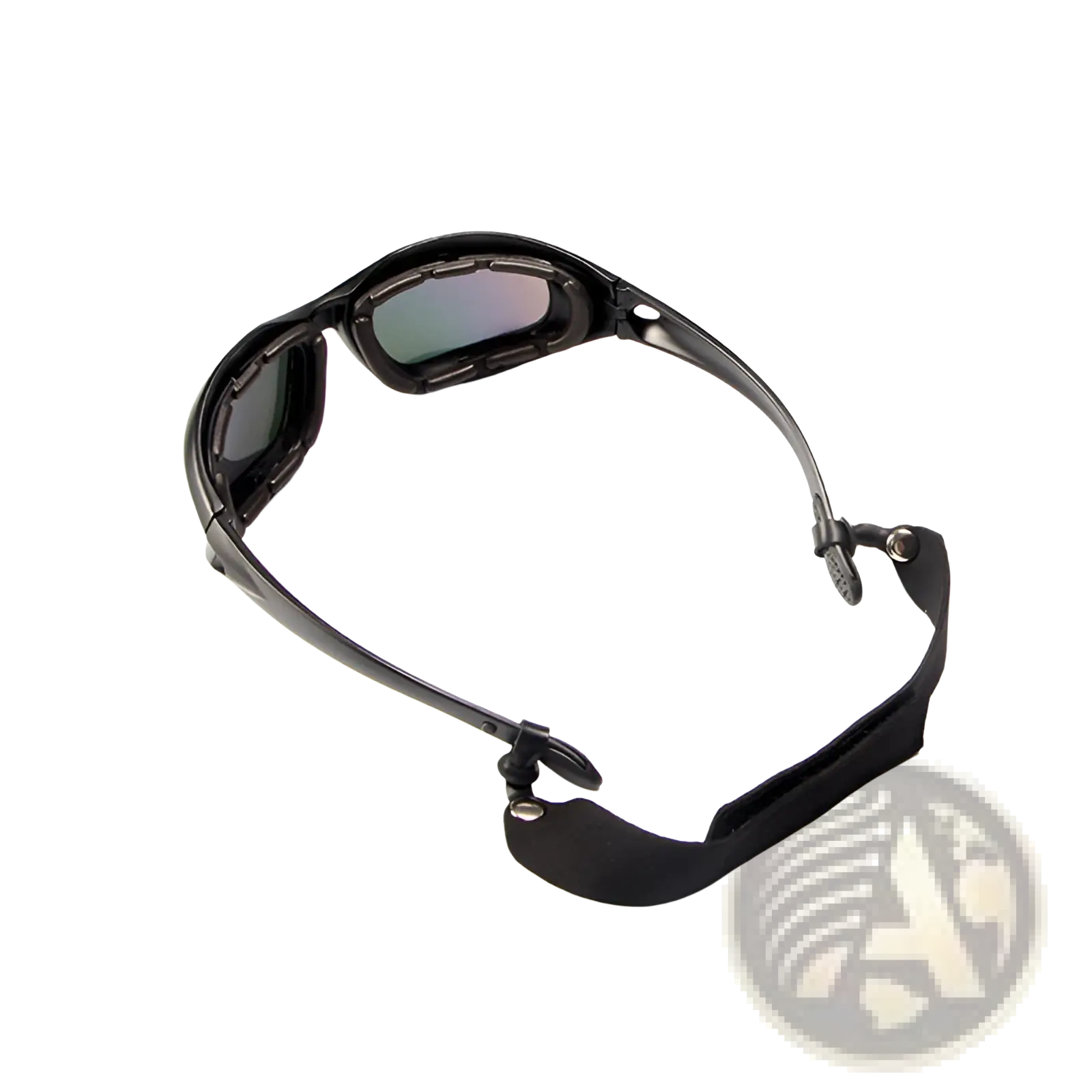 Black polarized tactical sports sunglasses with interchangeable dark tinted lenses and padded head strap for protection