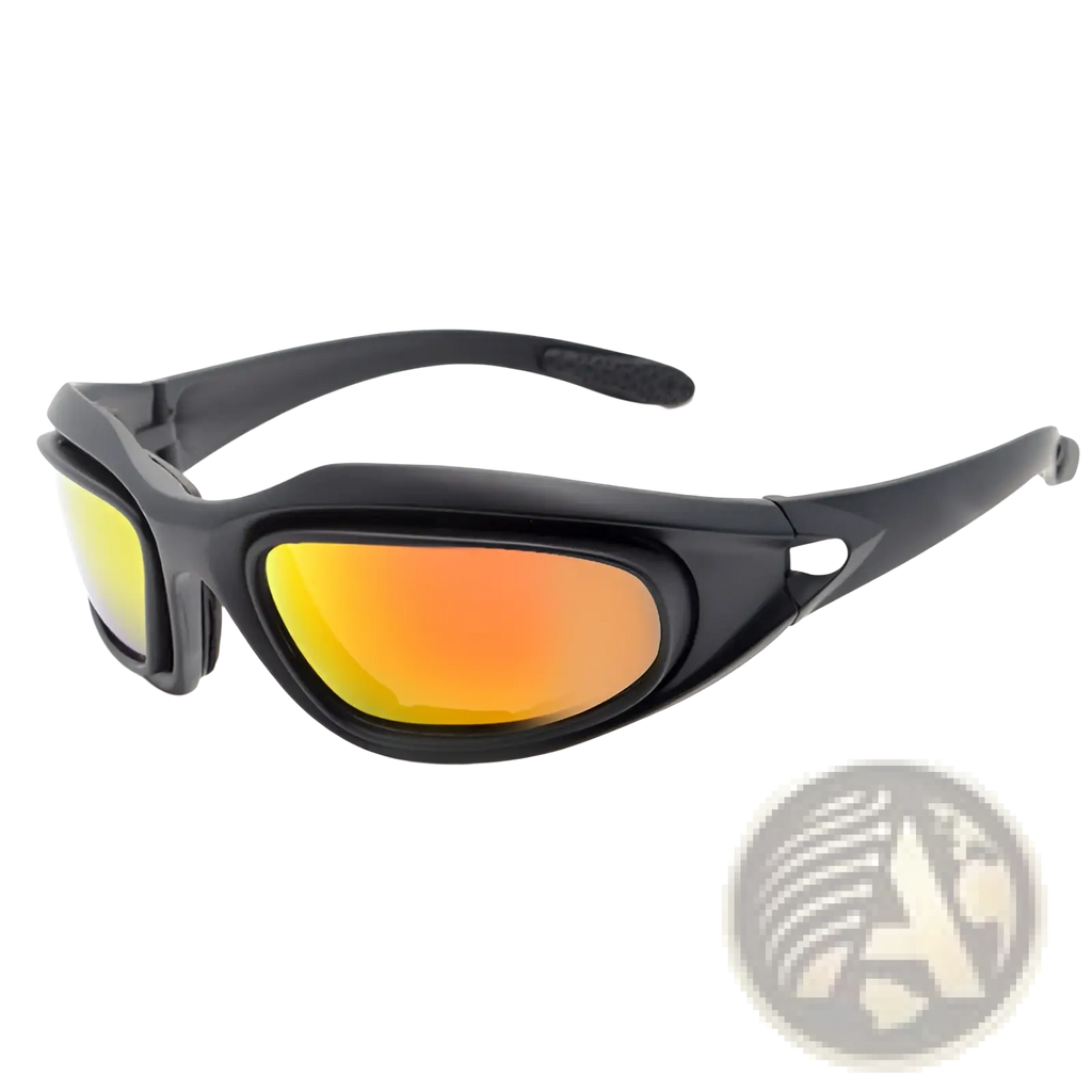Polarized tactical sports sunglasses with black frames and gradient orange yellow mirrored interchangeable lenses