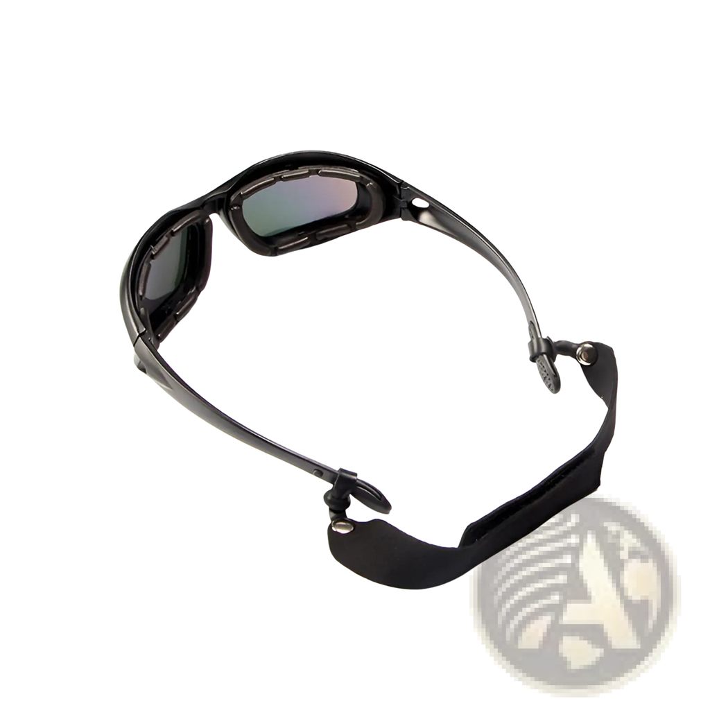 Black polarized tactical sports sunglasses with dark tinted protective lenses and padded head strap for safety use