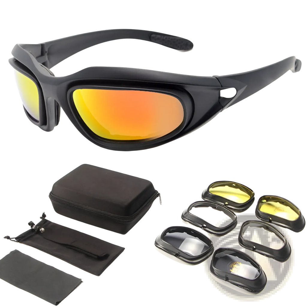 Black polarized tactical sports sunglasses with gradient orange yellow mirrored lenses and interchangeable lens inserts