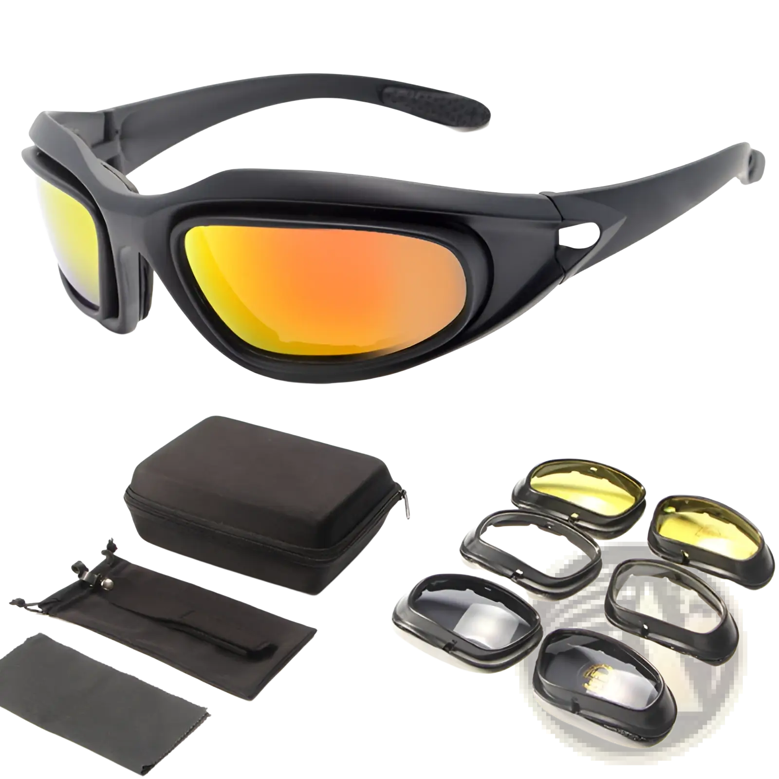 Black polarized tactical sports sunglasses with gradient orange yellow mirrored lenses and interchangeable lens inserts