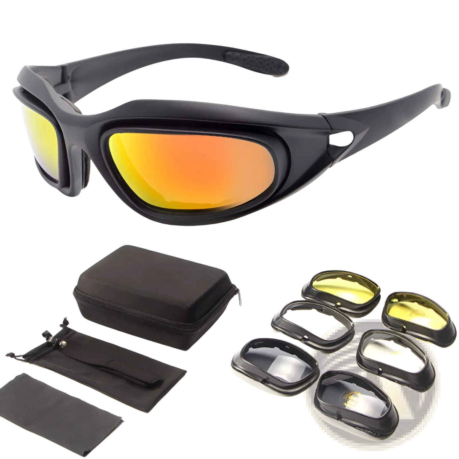 Black polarized tactical sports sunglasses with gradient orange yellow mirrored lenses and interchangeable inserts