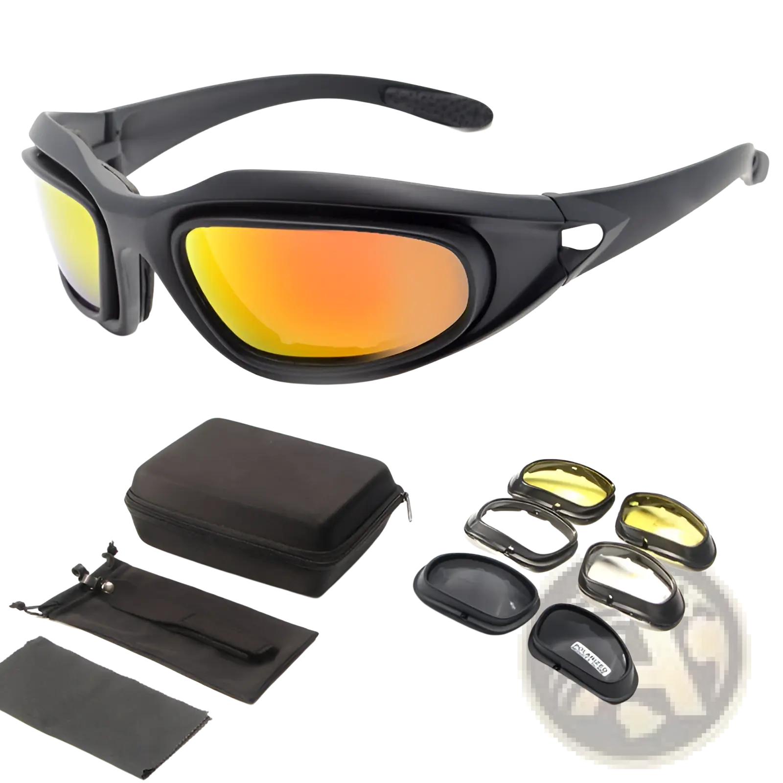 Black polarized tactical sports sunglasses with gradient orange yellow mirrored lenses and interchangeable lens inserts