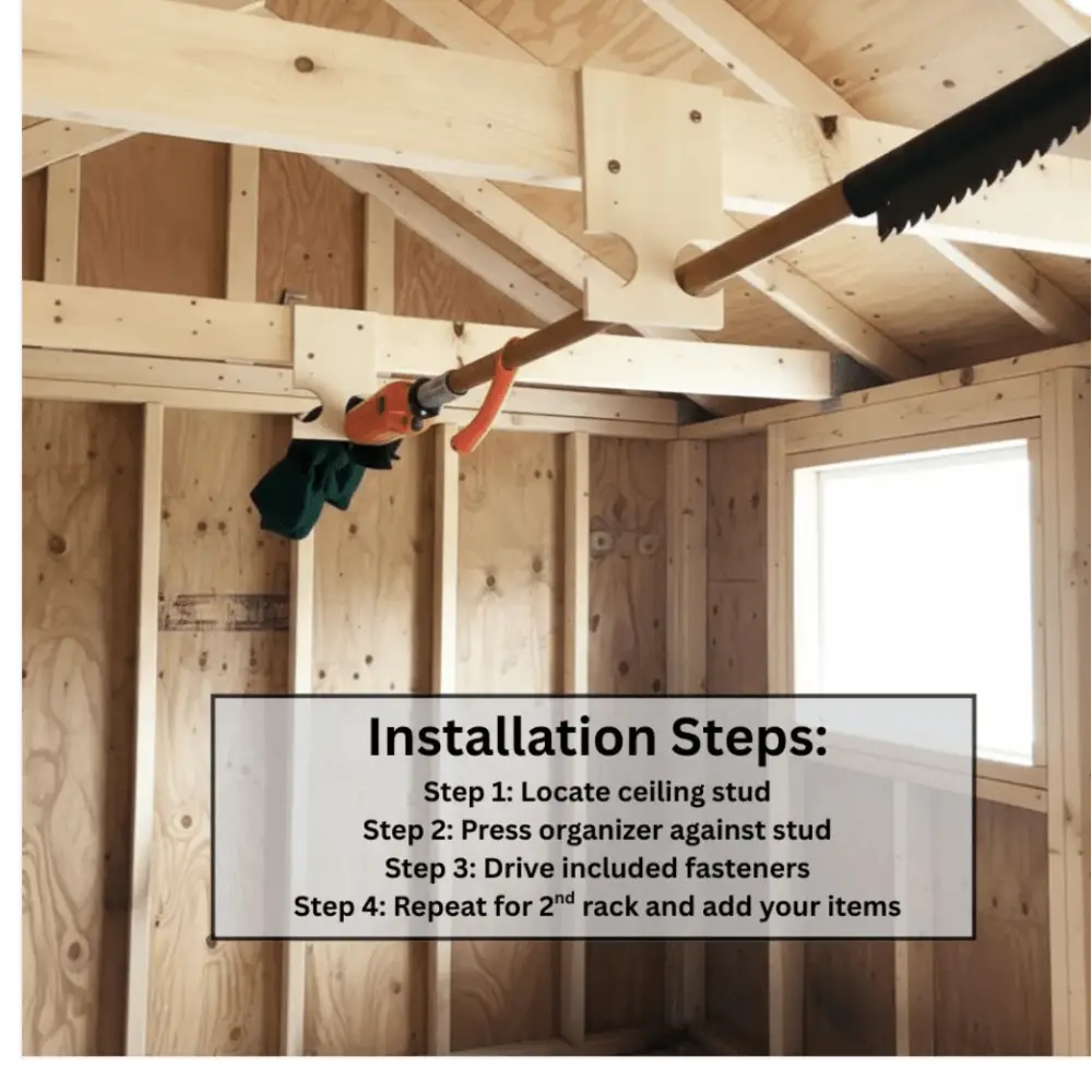 Orange and black heavy duty hand saw mounted on wooden ceiling bracket as part of wall mounted pole saw and pool skimmer hooks