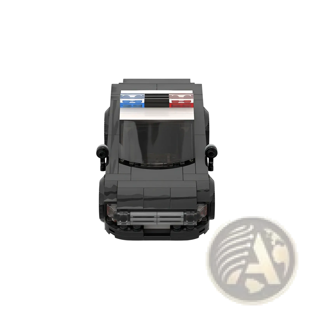 Black lego police car model building blocks with blue white and red light bar for kids and adults
