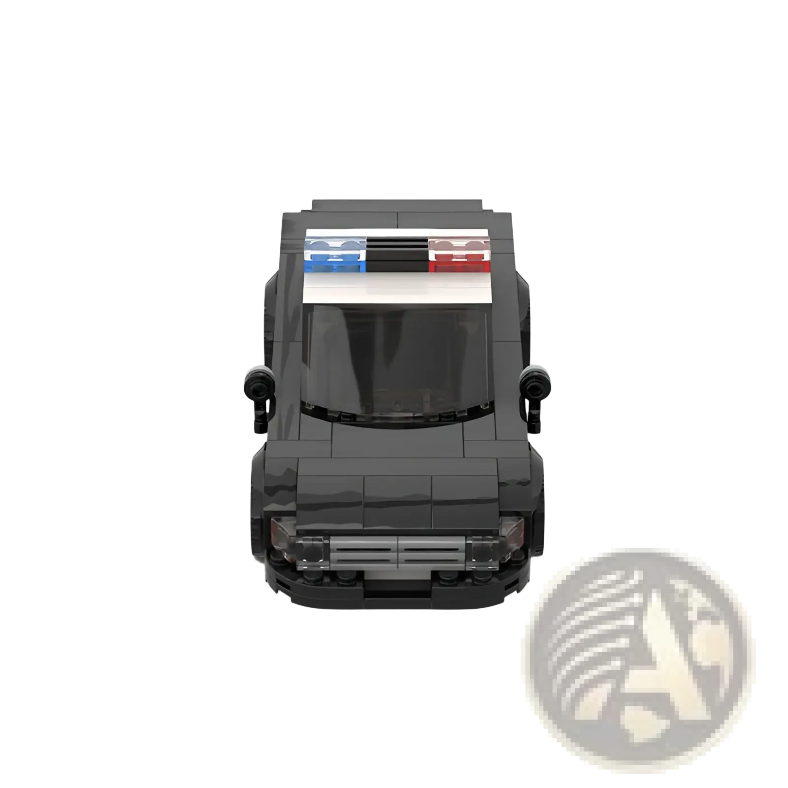 Black lego police car model building blocks with blue white and red light bar for kids and adults