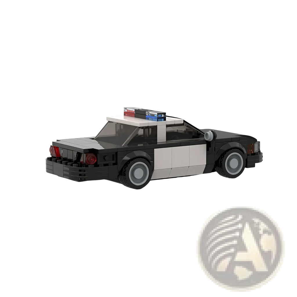 Black and white lego police car model building blocks with red blue and clear plastic lights on the roof for kids and adults