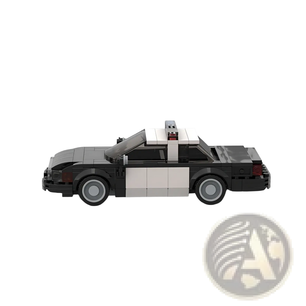 Black and white lego police car model with roof-mounted light bar building blocks for kids and adults