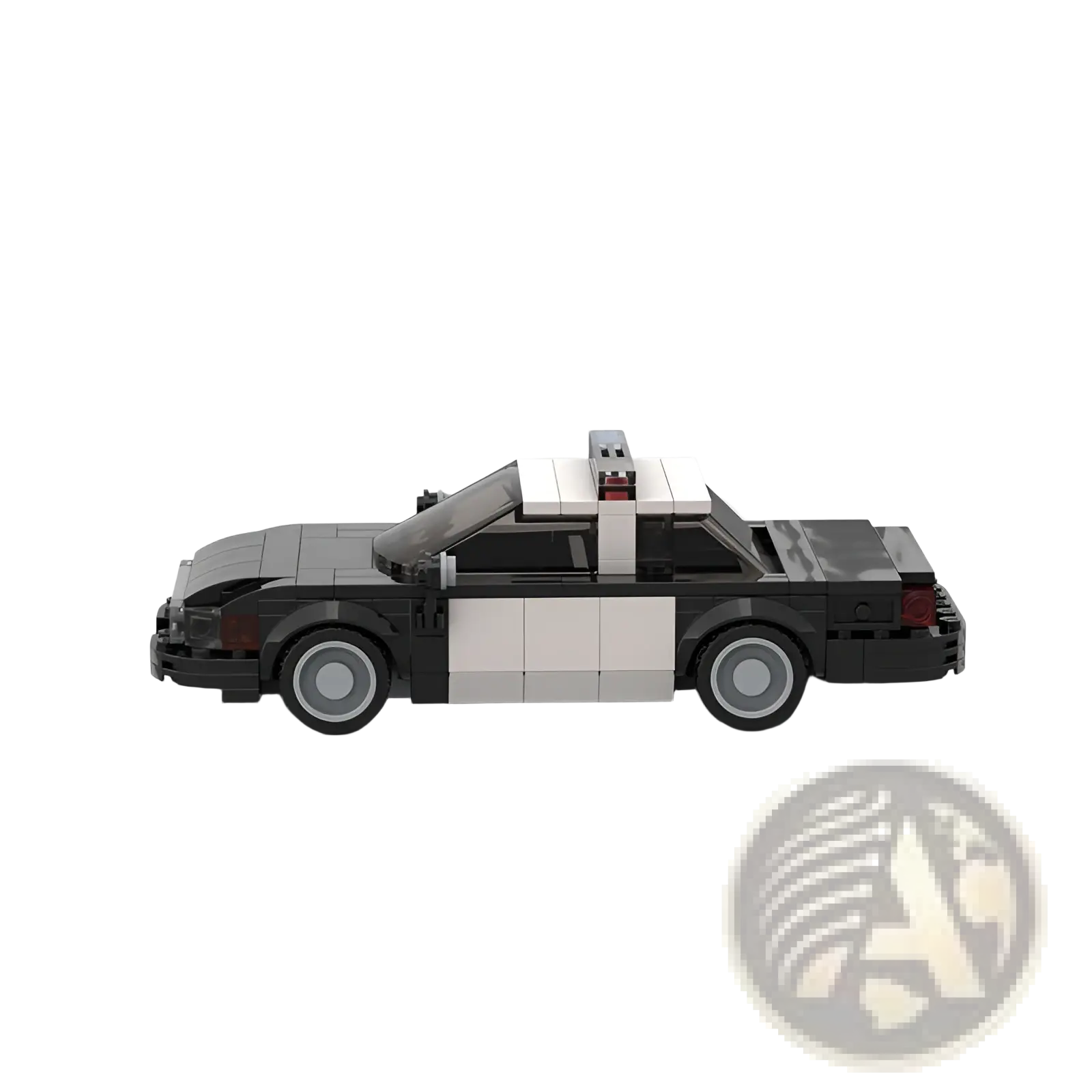Black and white lego police car model with roof-mounted light bar building blocks for kids and adults