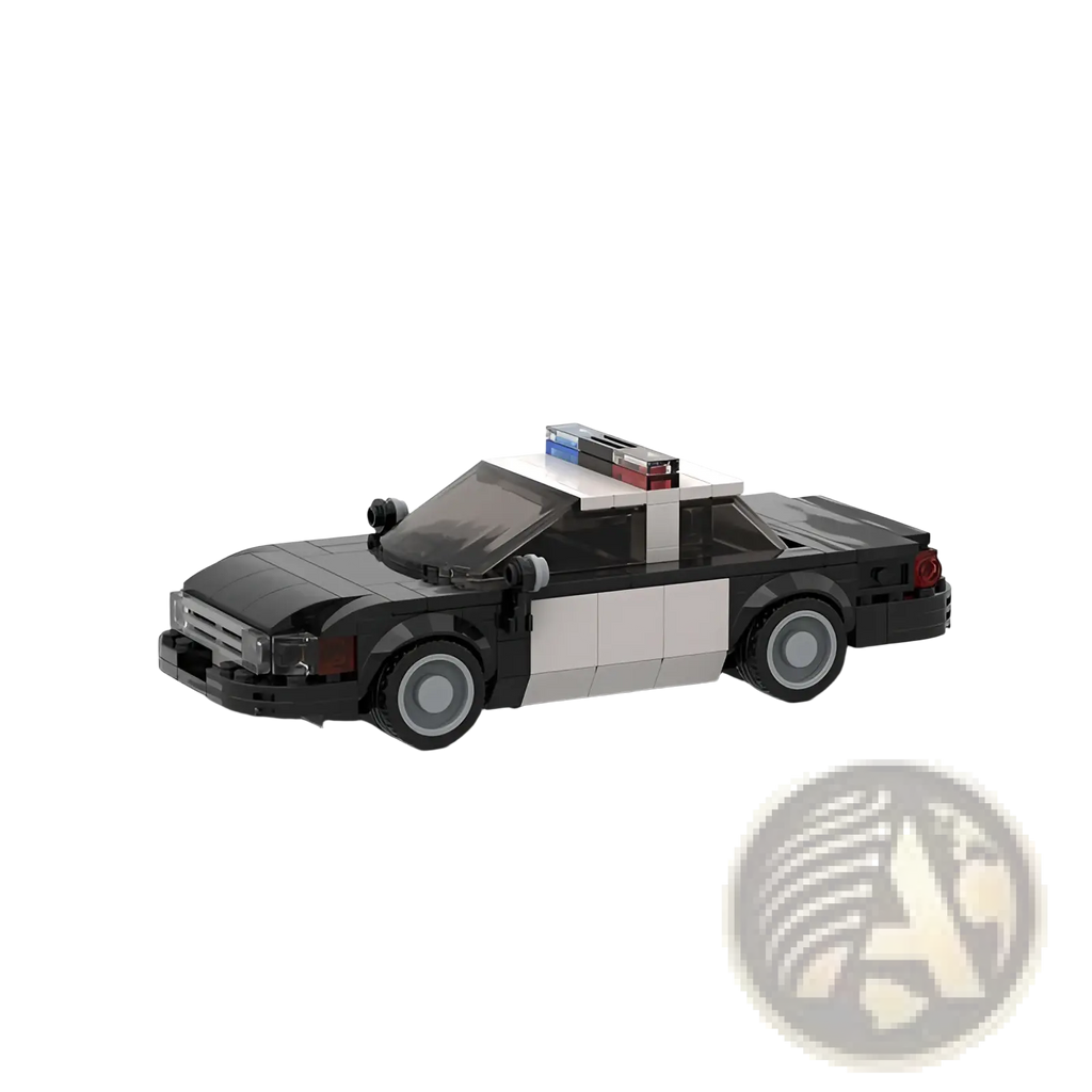Black and white lego police car model with blue and red light bar roof for kids and adults building blocks toy